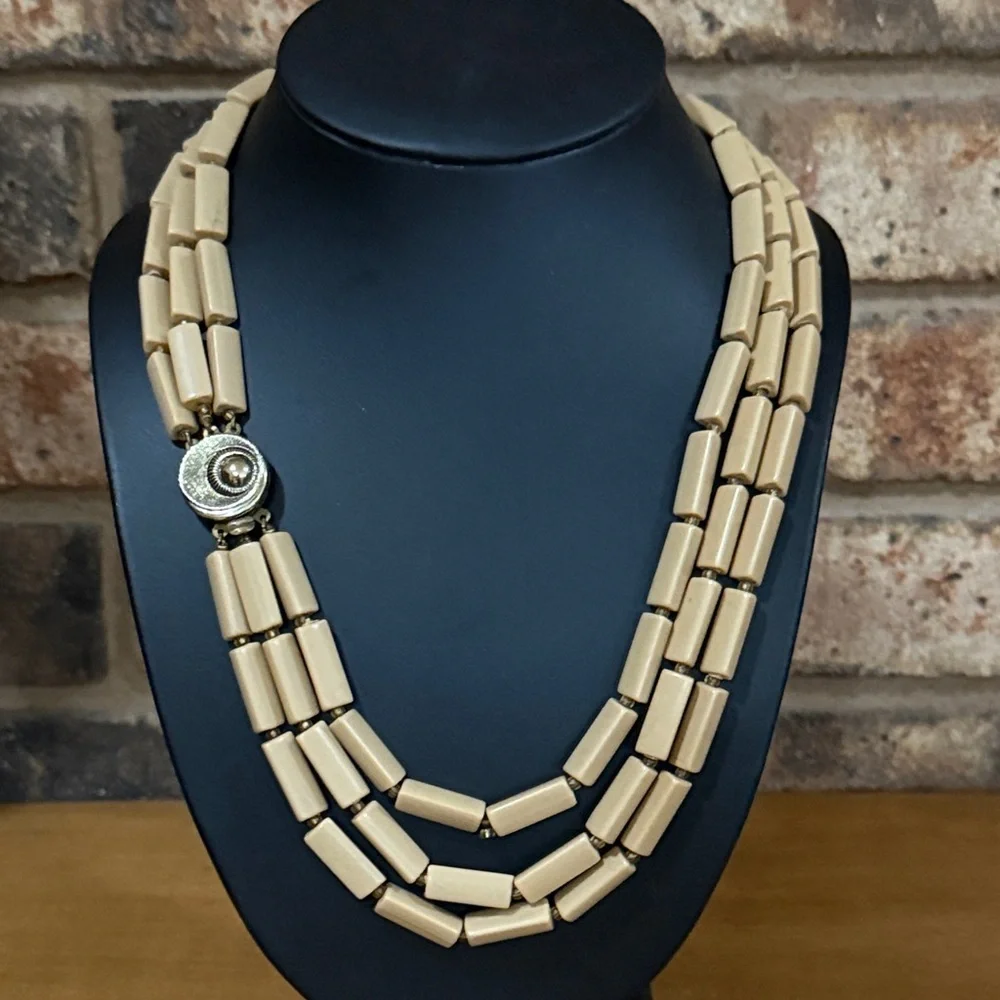 Mid Century Western Germany triple strand Carmel beaded gold tone clasp necklace